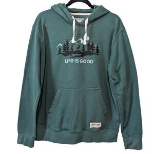 Life is Good Green Mountain Landscape Print Pullover Hoodie Sweater Size Medium
